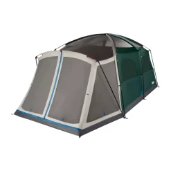 Coleman Skylodge™ 12-Person Camping Tent With Screen Room, Evergreen -Coleman 12P CbnCnvetnlExtrnlScrnRm EG 1 FrontAngleRight FlyOff WindowsUp
